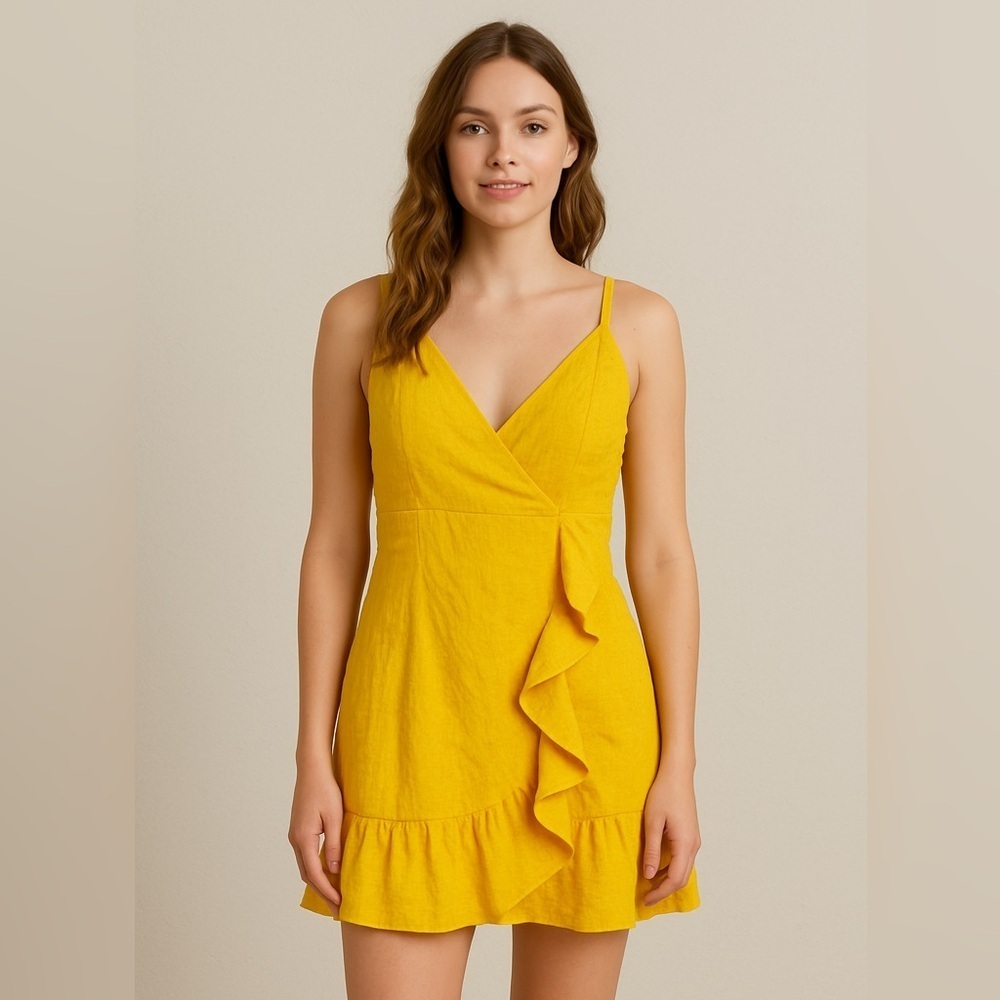 💛 Missguided Vibrant Yellow Ruffle Wrap Mini Dress – Size 8 (NWOT)